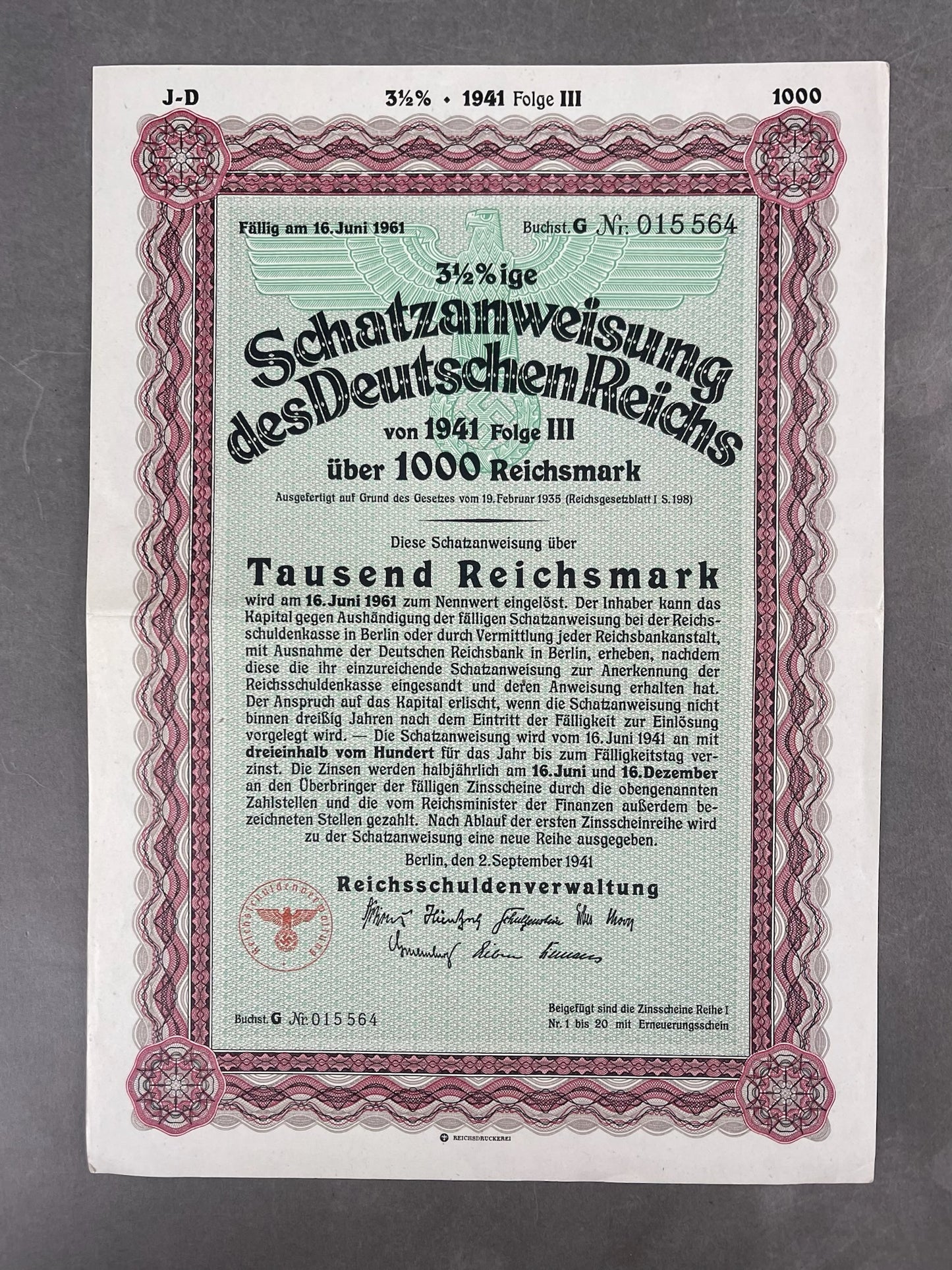 WW2 Tysk Stor Statsobligation "Schatzanweisung" på 1000 Reichsmark. Sjælden. Original.