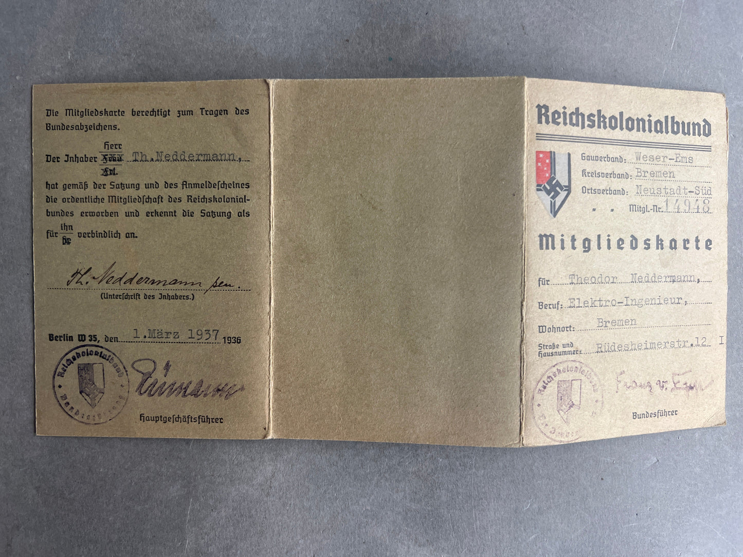 WW2 Tysk "Reichskolonialbund" Medlemsbog. Original.