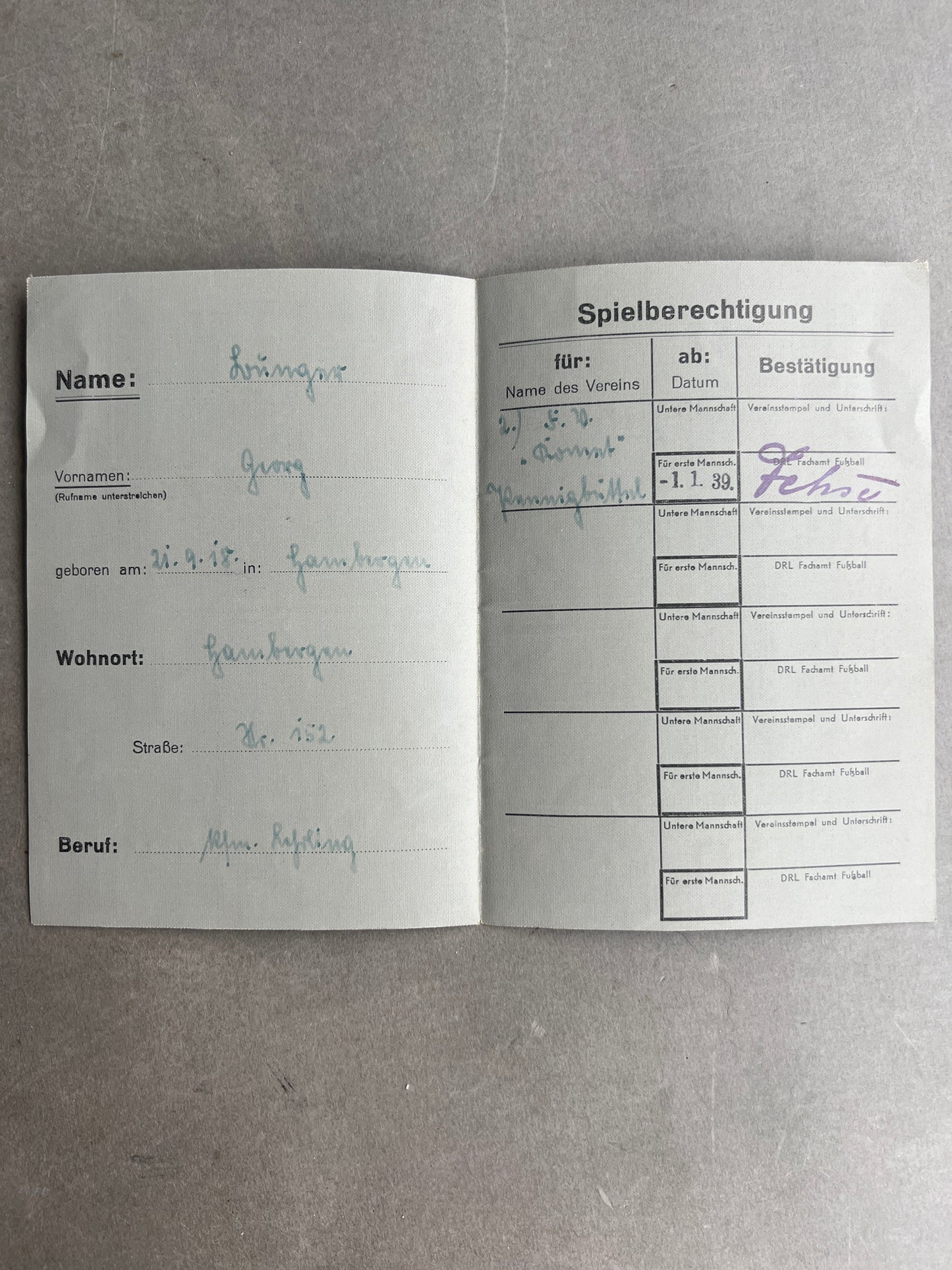 WW2 Tysk DRL"Fussball Spielerausweis". Sjælden. Original.
