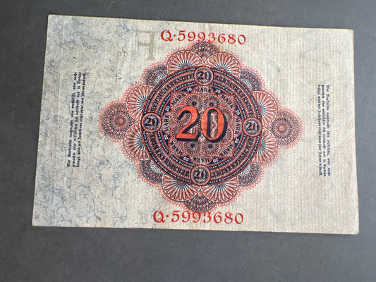 WW1 Tysk "Reichsbanknote" Pengeseddel. Fra 1914. Original.
