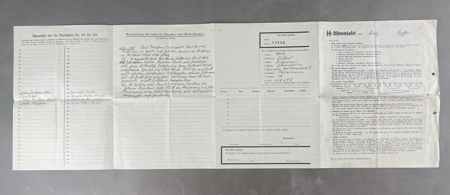 WW2 Tysk Waffen-SS "SS-Ahnentafel" (Stamtræ). Sjælden. Original.