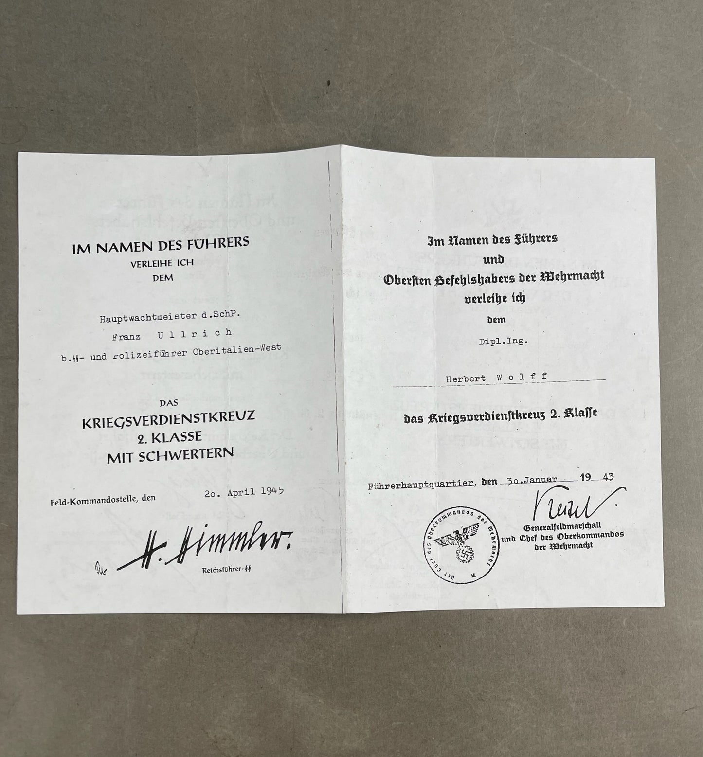 WW2 Tysk Fotokopi af Urkunder. Efterkrigs.