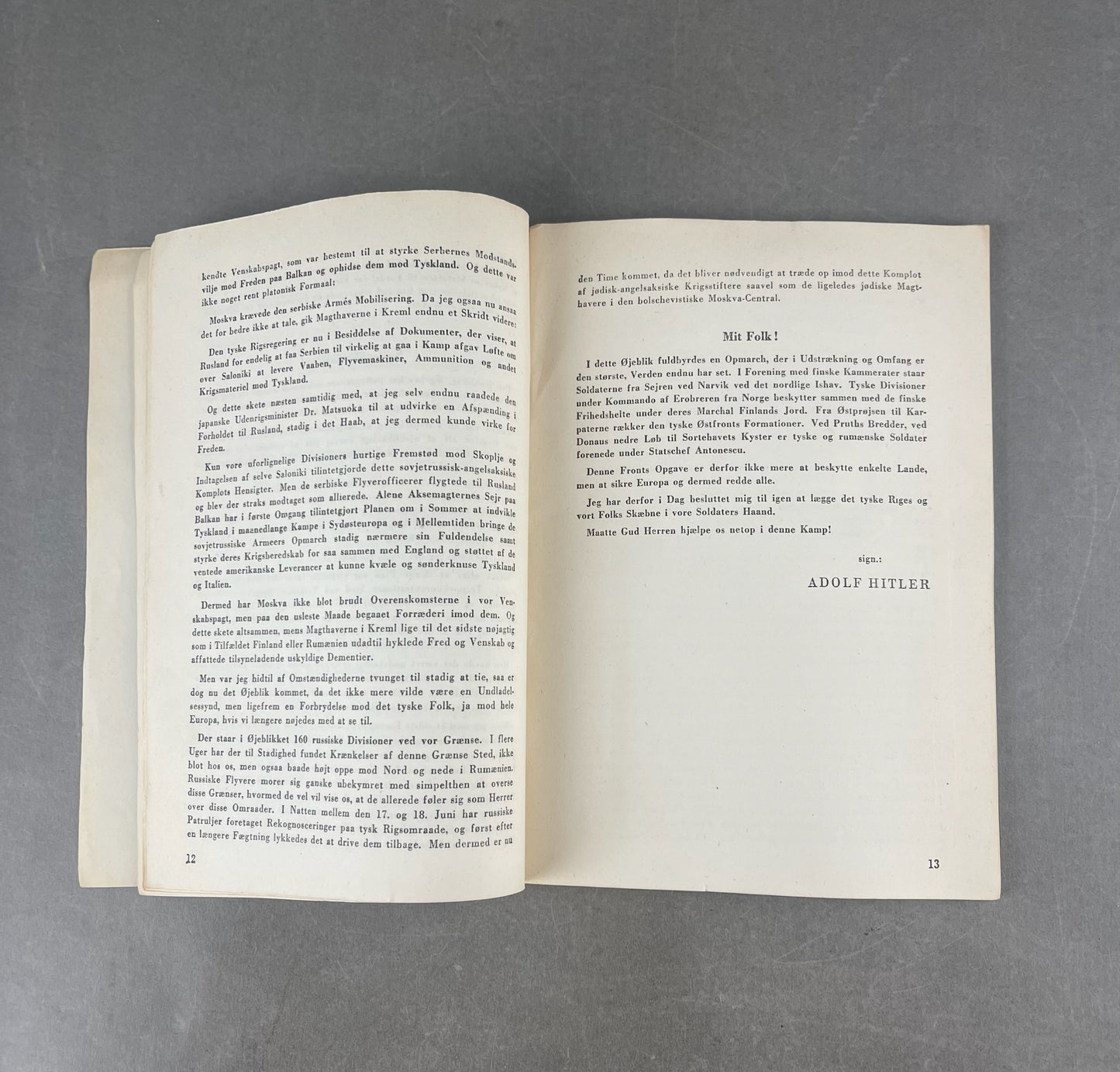 WW2 Tysk/Dansk "Adolf Hitlers Proklamation" Hæfte. Original.