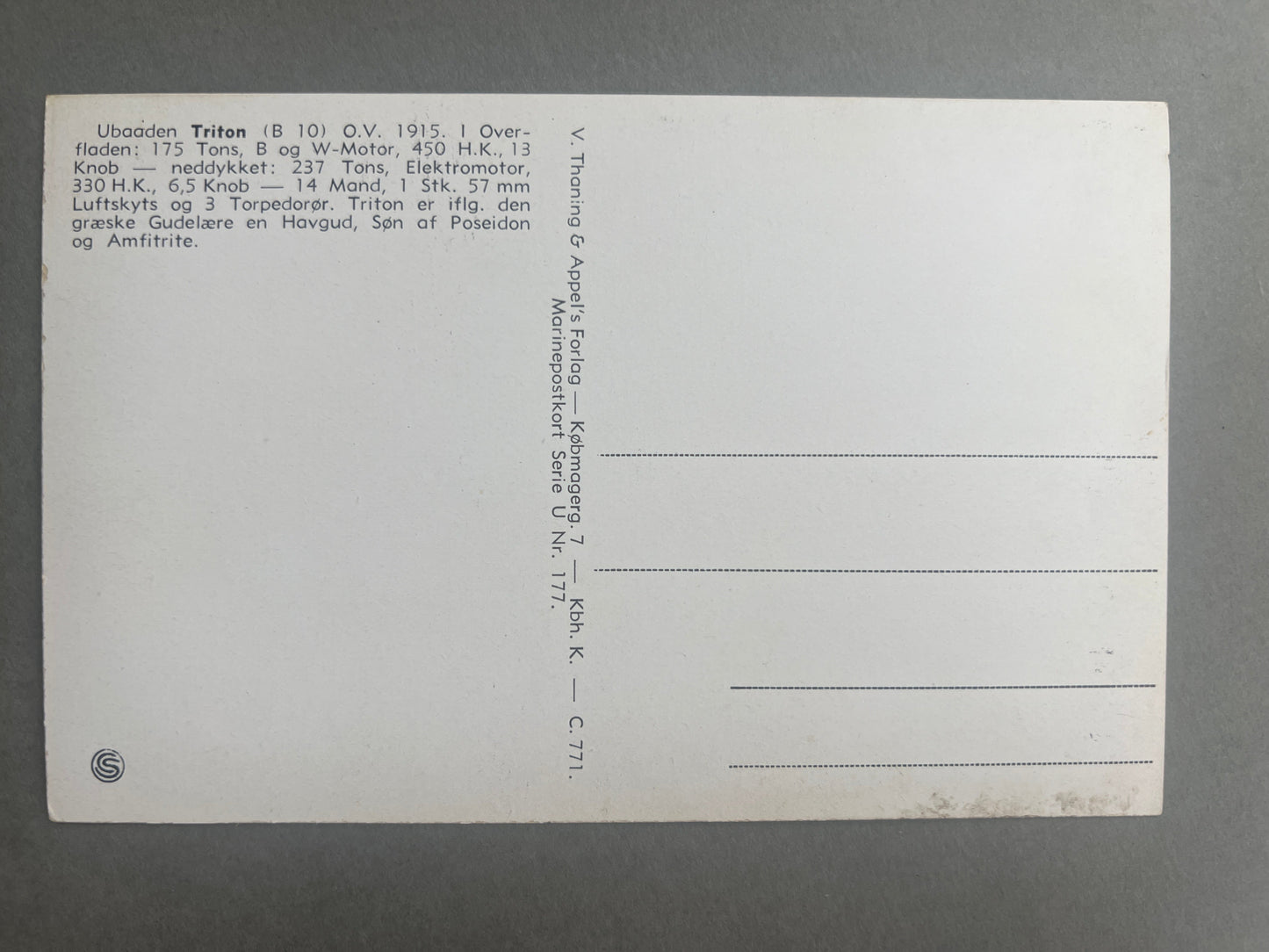 WW1/WW2 Dansk Marine Postkort. Ubåden "TRITON" motiv. Original.