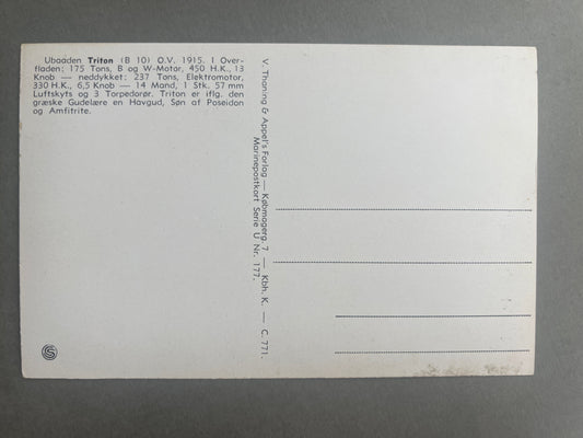 WW1/WW2 Dansk Marine Postkort. Ubåden "TRITON" motiv. Original.