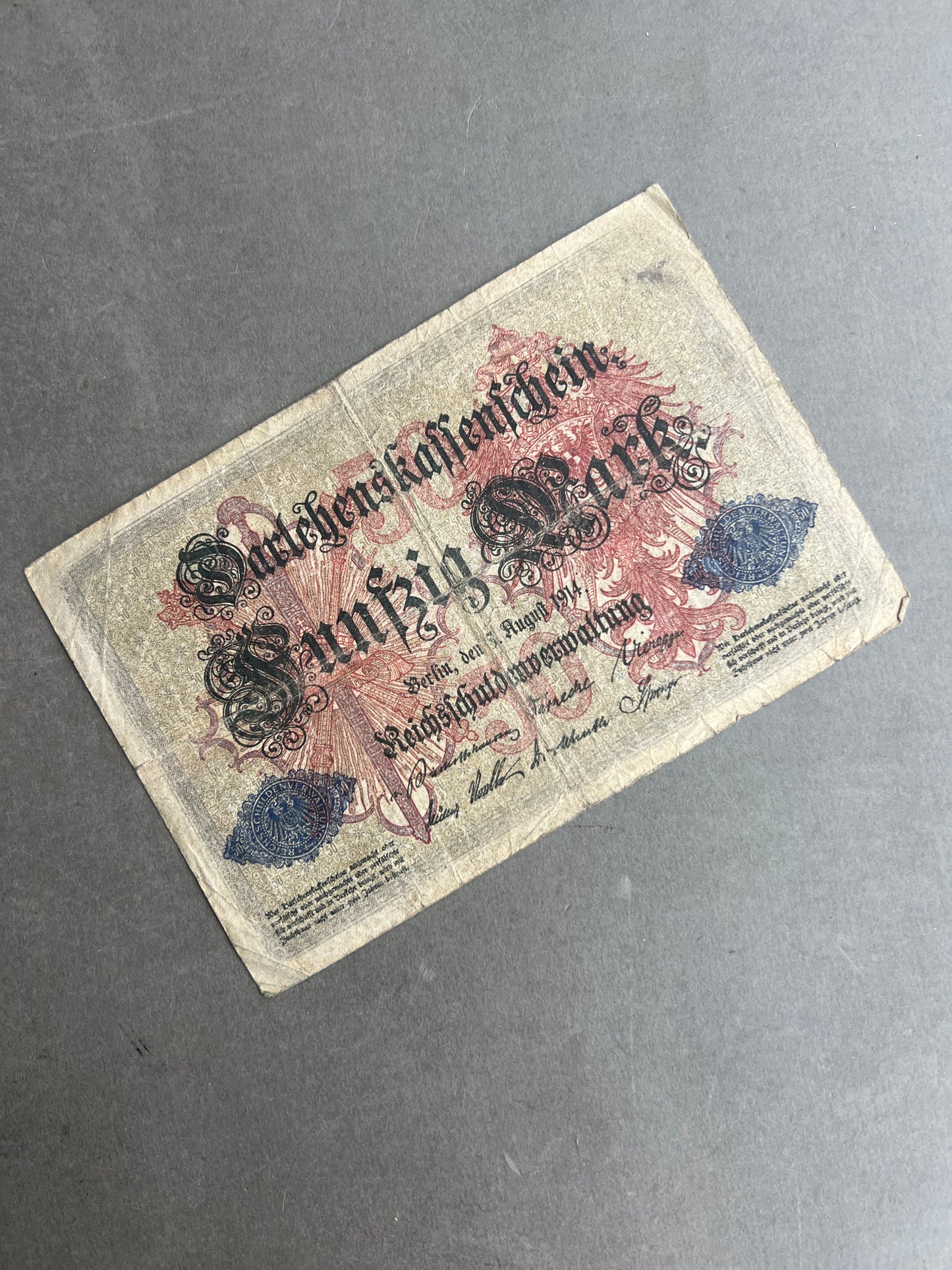 WW1 Tysk "Reichsbanknote" Pengeseddel. Original.