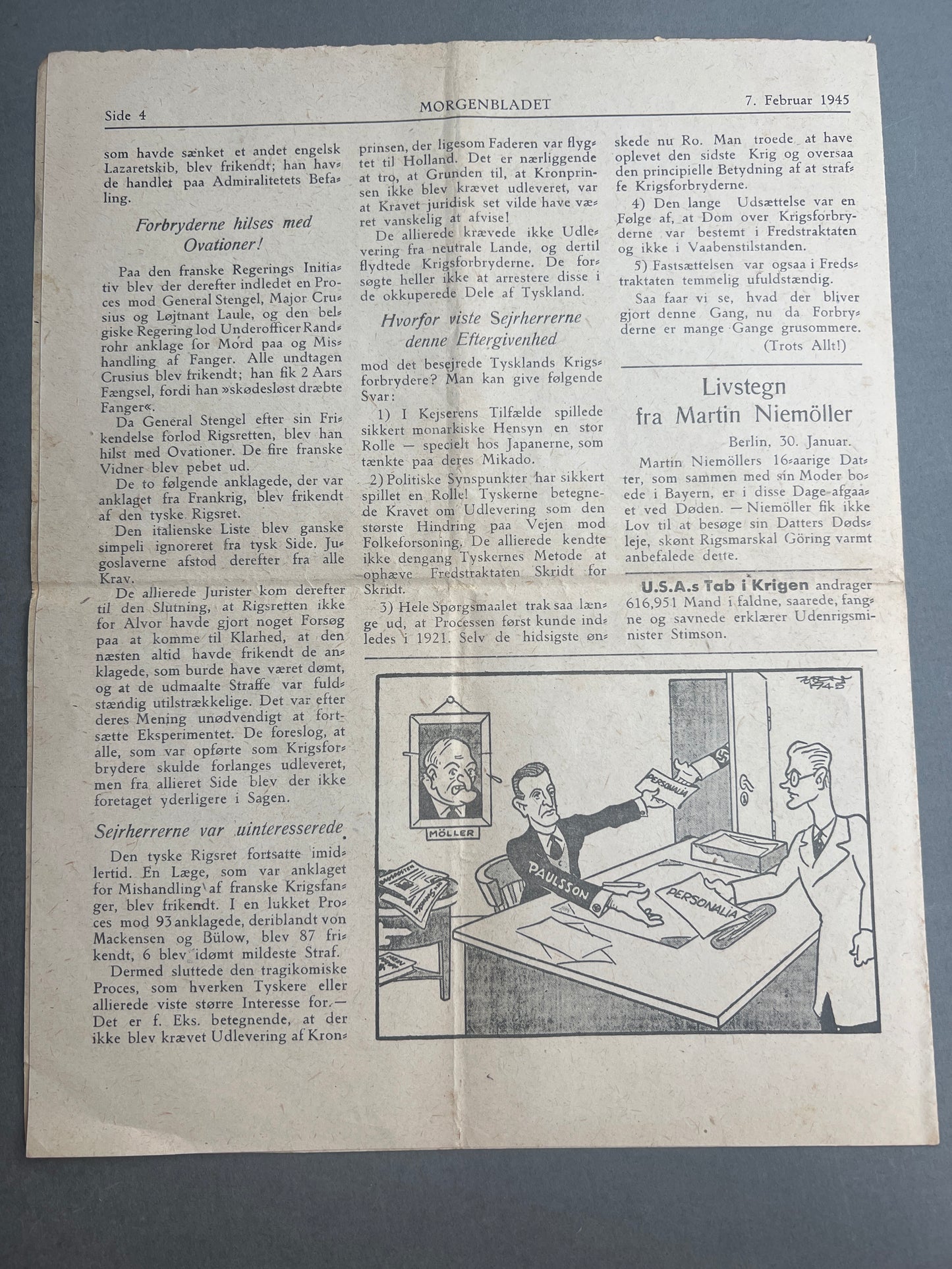 WW2 Dansk Illegal avis "MORGENBLADET" fra februar 1945. Original.