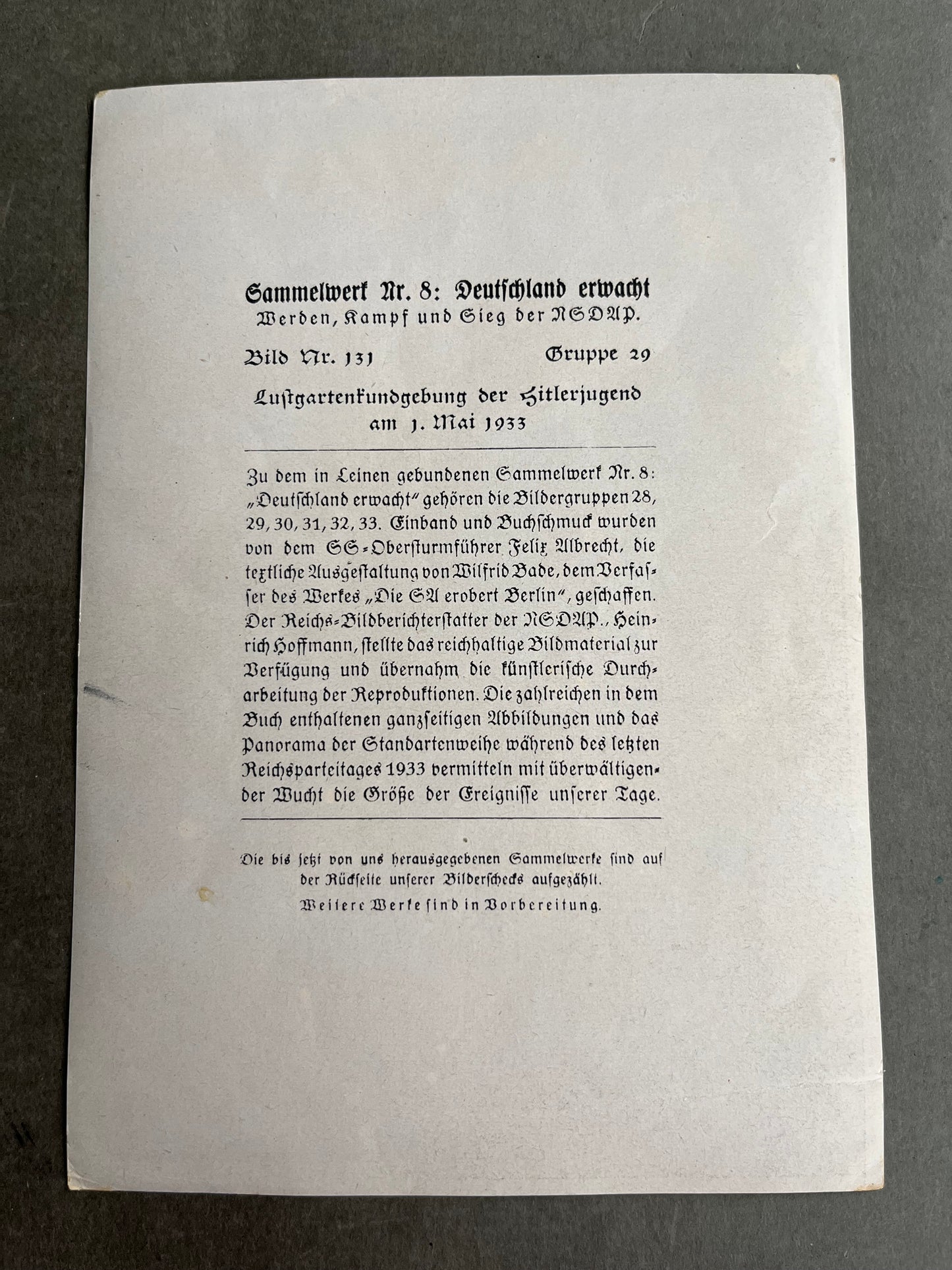 WW2 Tysk "Cigaretten Album" Billede. 12x17 cm. Godt HJ motiv. Original.