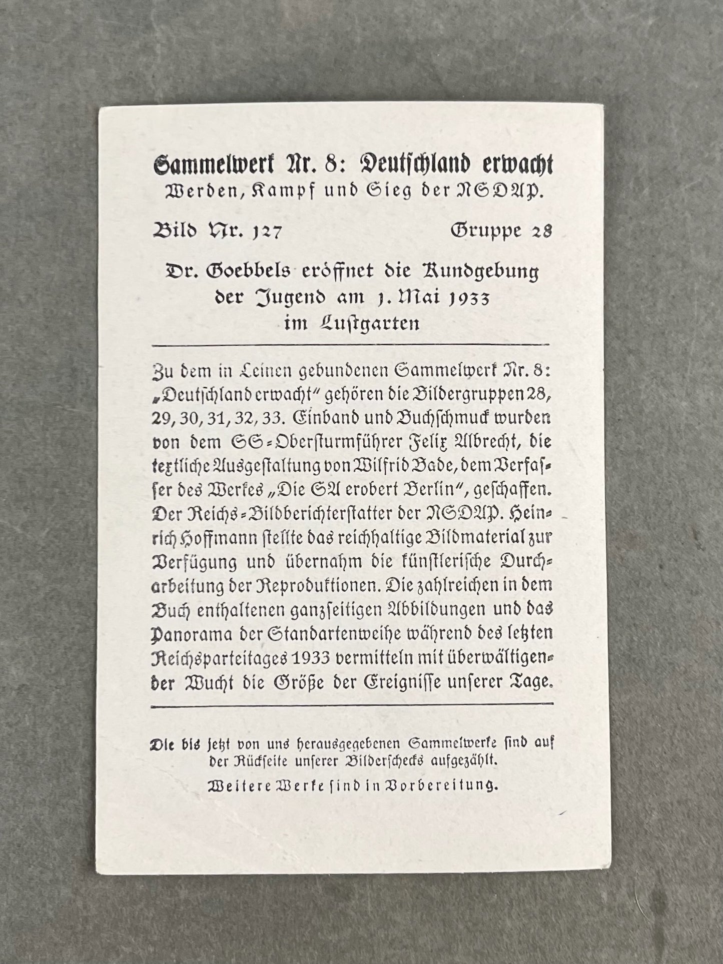 WW2 Tysk "Cigaretten Album" Billede. Godt Goebbels/SA motiv. Original.