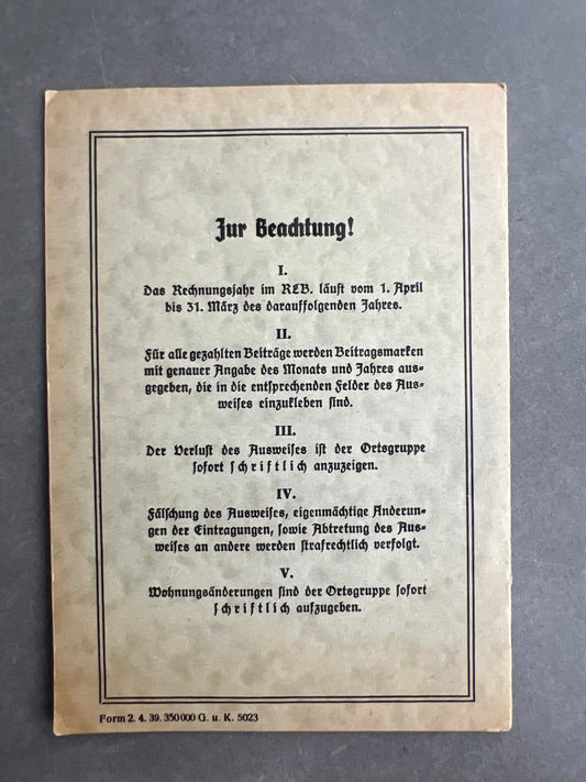 WW2 Tysk Reichsluftschutzbund Medlemsbog. Original.