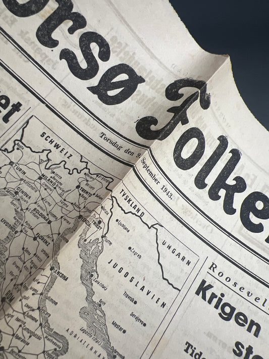 WW2 Dansk Avis "Morsø Folkeblad" fra 1943 om Italiens kapitulation. Original.