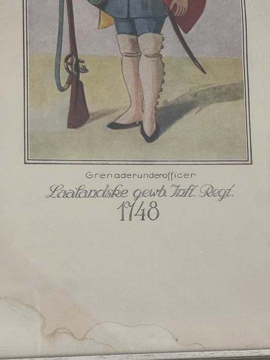 Ældre Militær Tryk af en Grenader. Original.