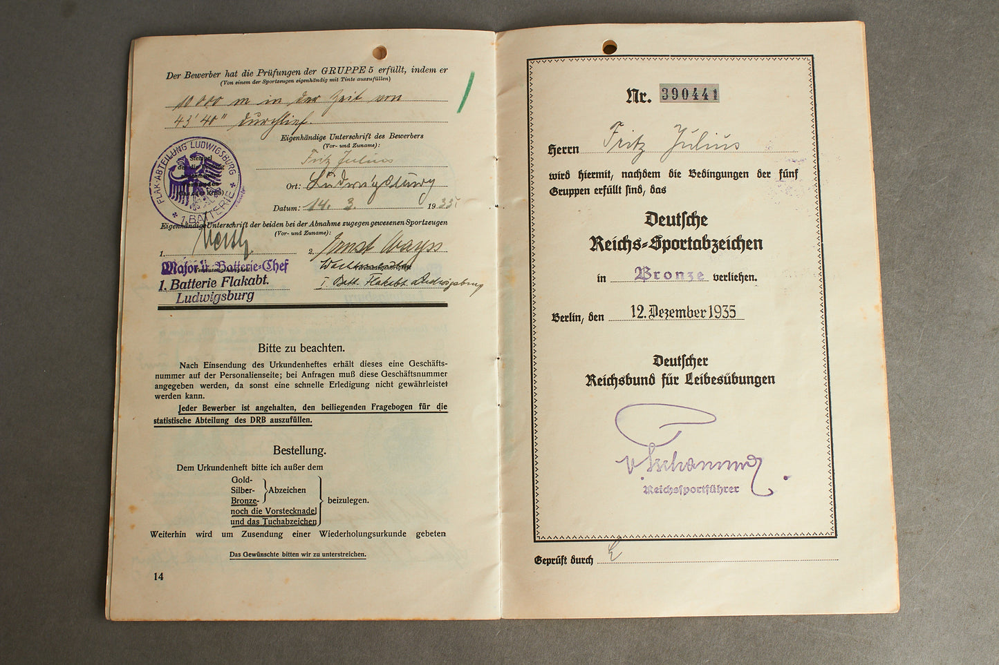WW2 Tysk DRL Reichssportabzeichen i Bronze Urkunde. Tildelt tidligt, og tildelt af hæren. Original.