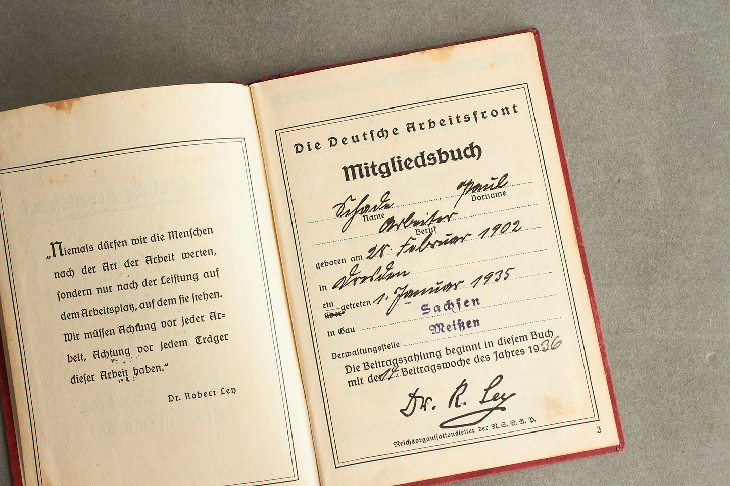 WW2 Tysk DAF Medlemsbog. Pænt udfyldt. Original.