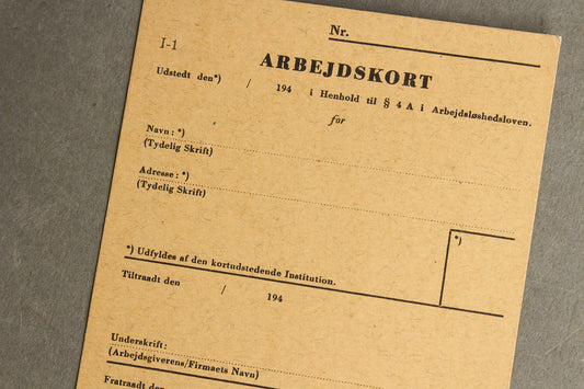 WW2 Dansk Illegalt "Arbejdskort" lavet af Modstandsbevægelsen. Original.