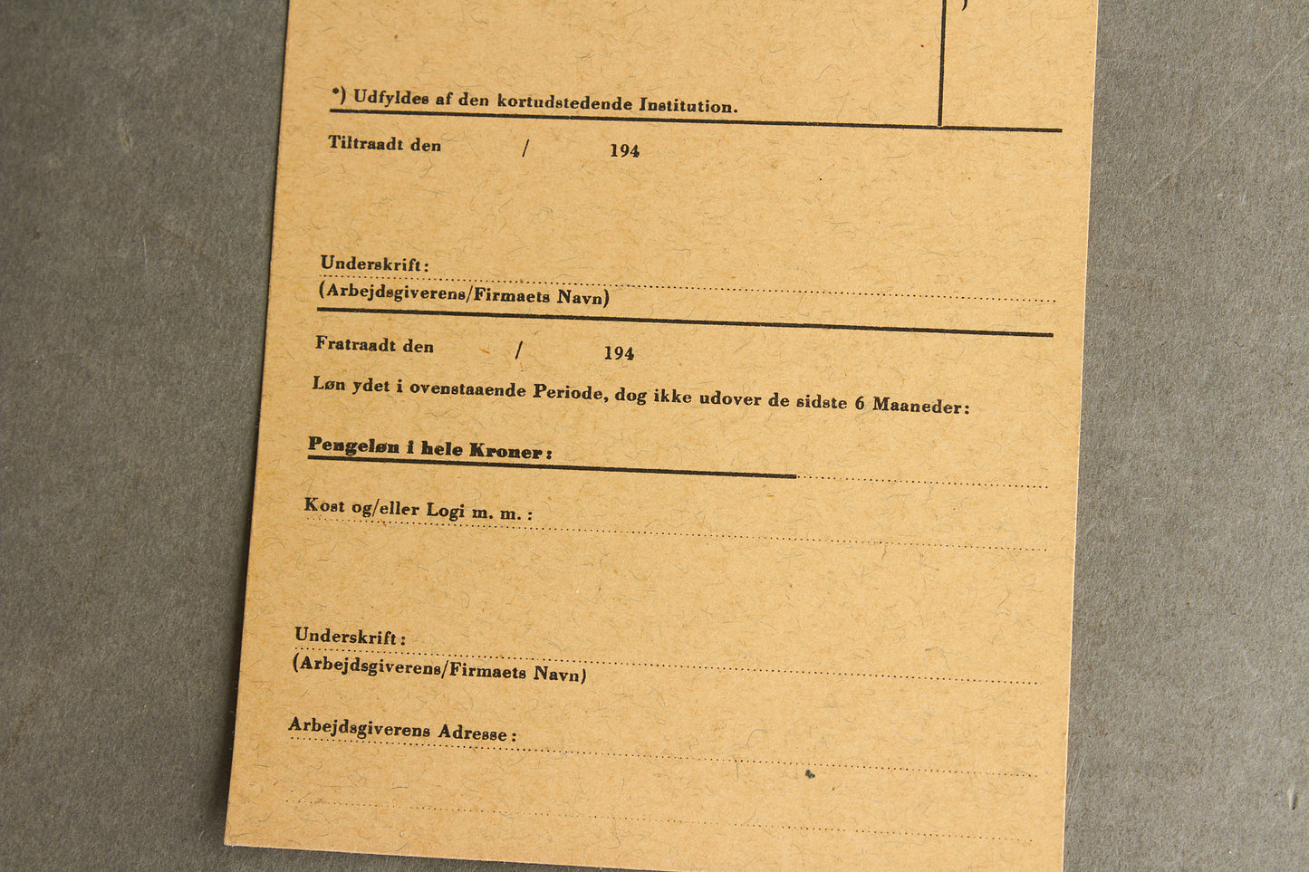 WW2 Dansk Illegalt "Arbejdskort" lavet af Modstandsbevægelsen. Original.