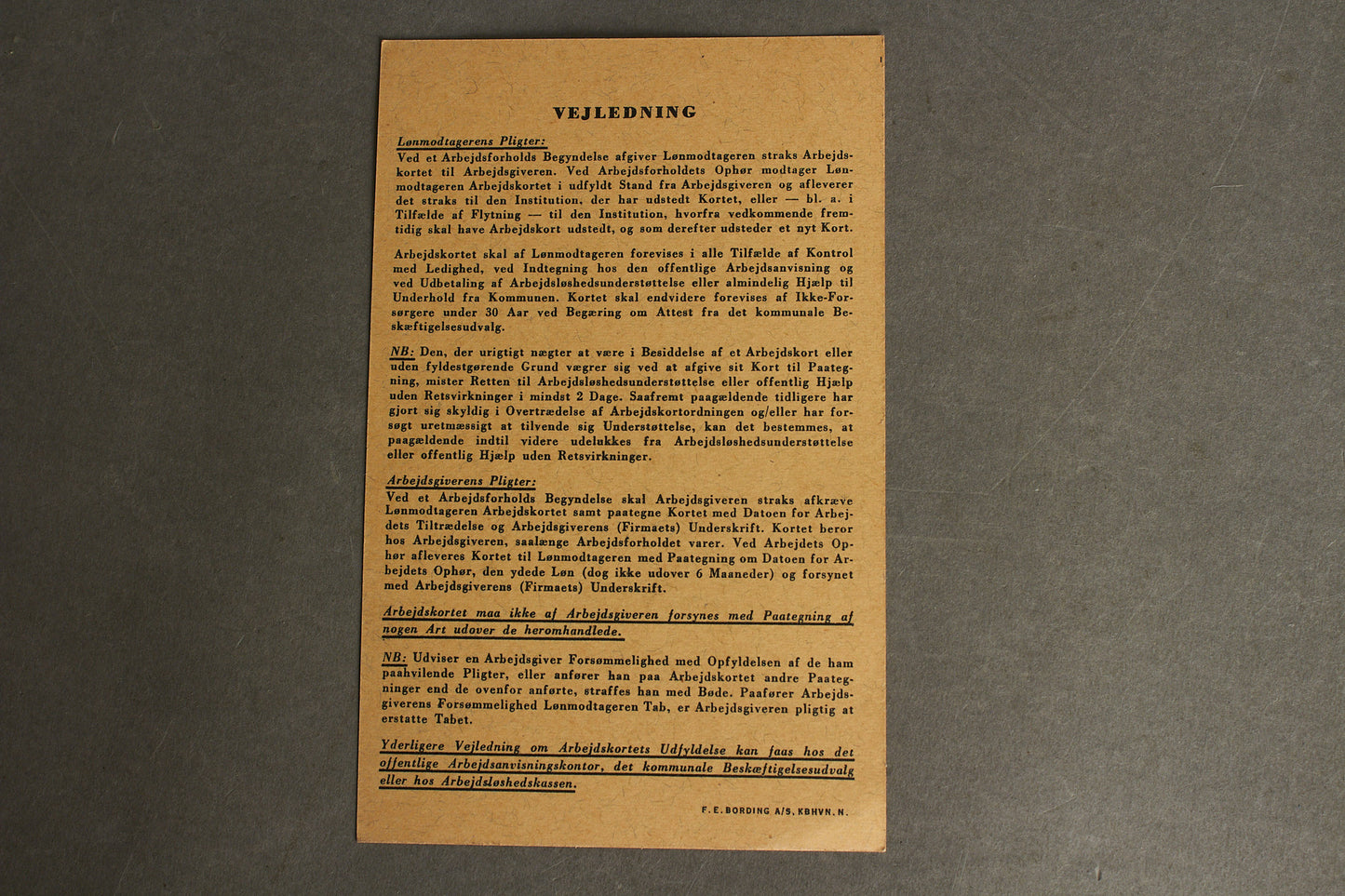 WW2 Dansk Illegalt "Arbejdskort" lavet af Modstandsbevægelsen. Original.
