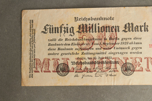 WW1/WW2 Tysk Pengeseddel fra inflationen på 50 millioner Mark. Original.
