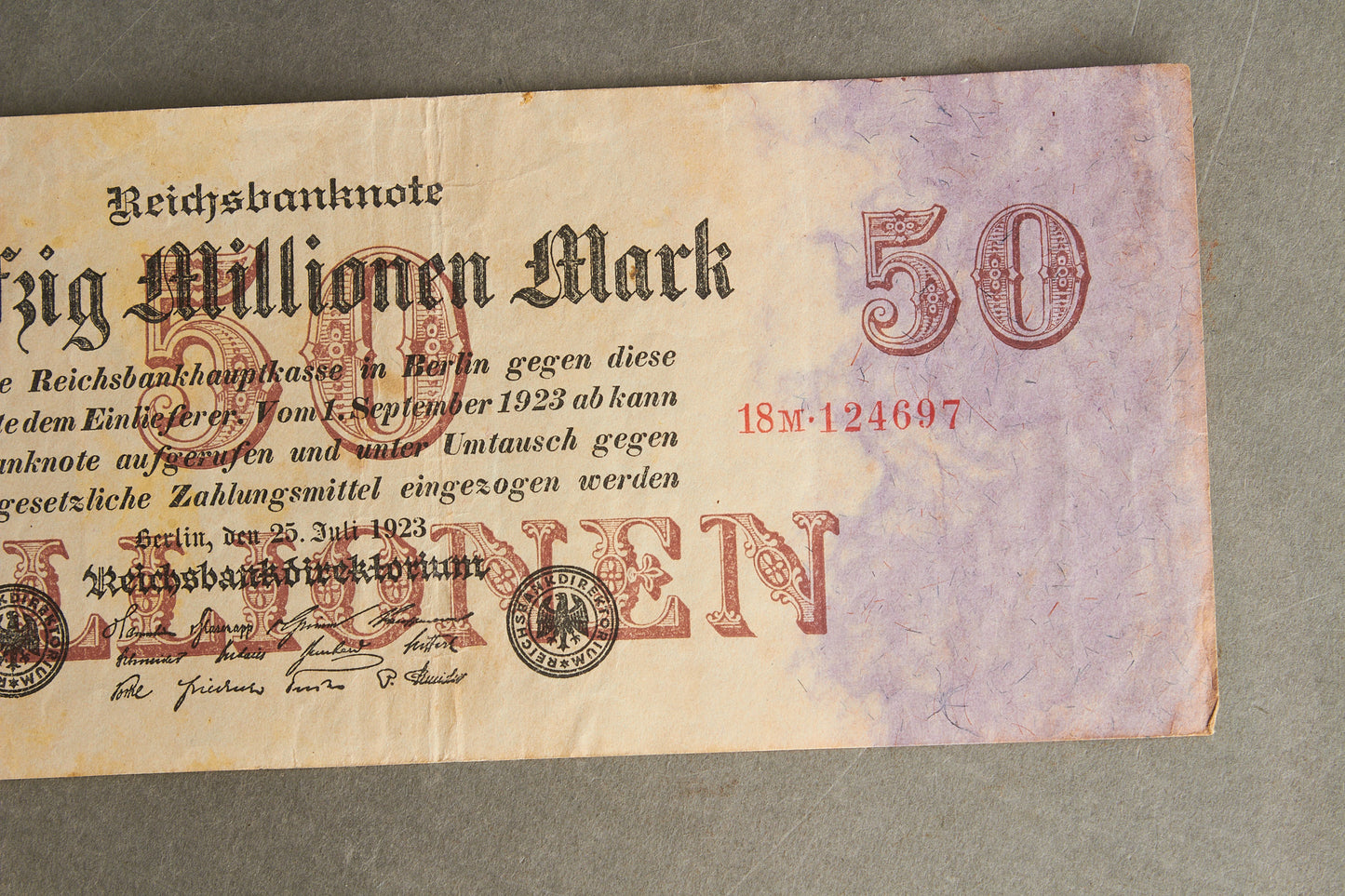 WW1/WW2 Tysk Pengeseddel fra inflationen på 50 millioner Mark. Original.
