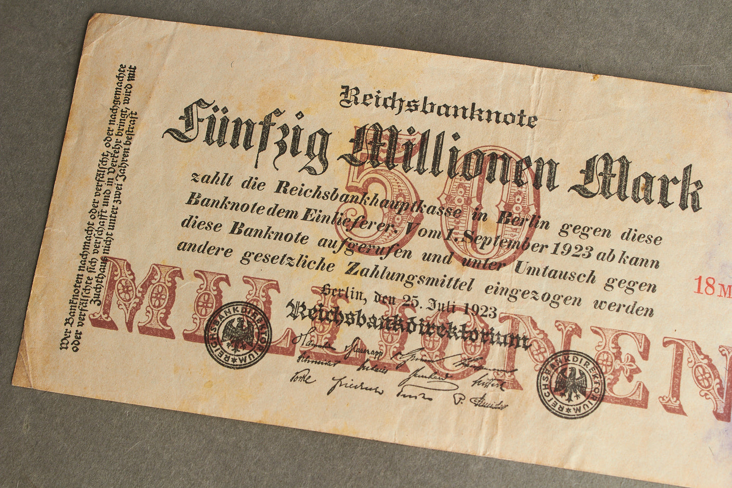 WW1/WW2 Tysk Pengeseddel fra inflationen på 50 millioner Mark. Original.