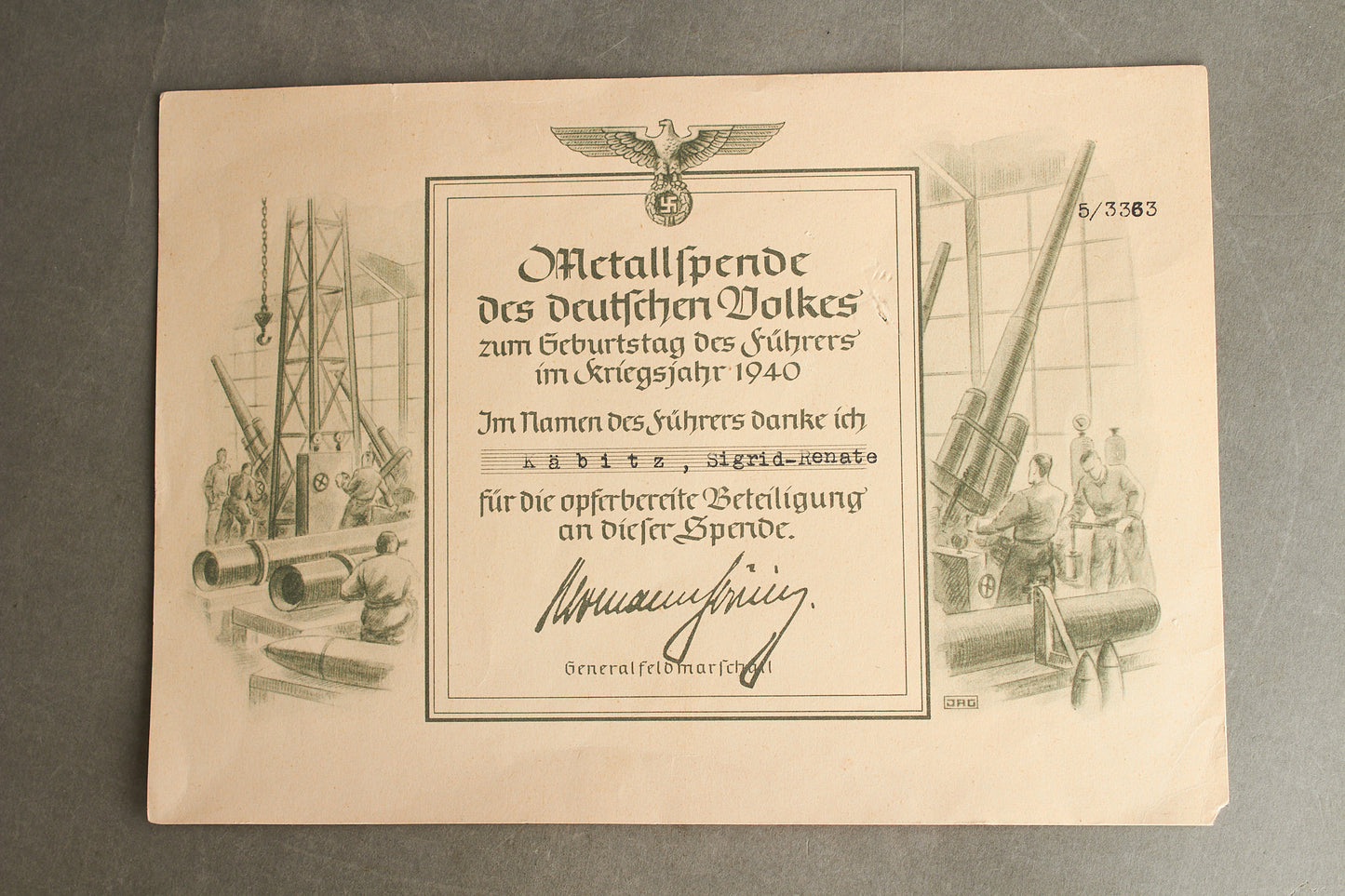 WW2 Tysk "Metallspende" Urkunde (doneret stål til krigsindustrien på AH Fødselsdag). Original.