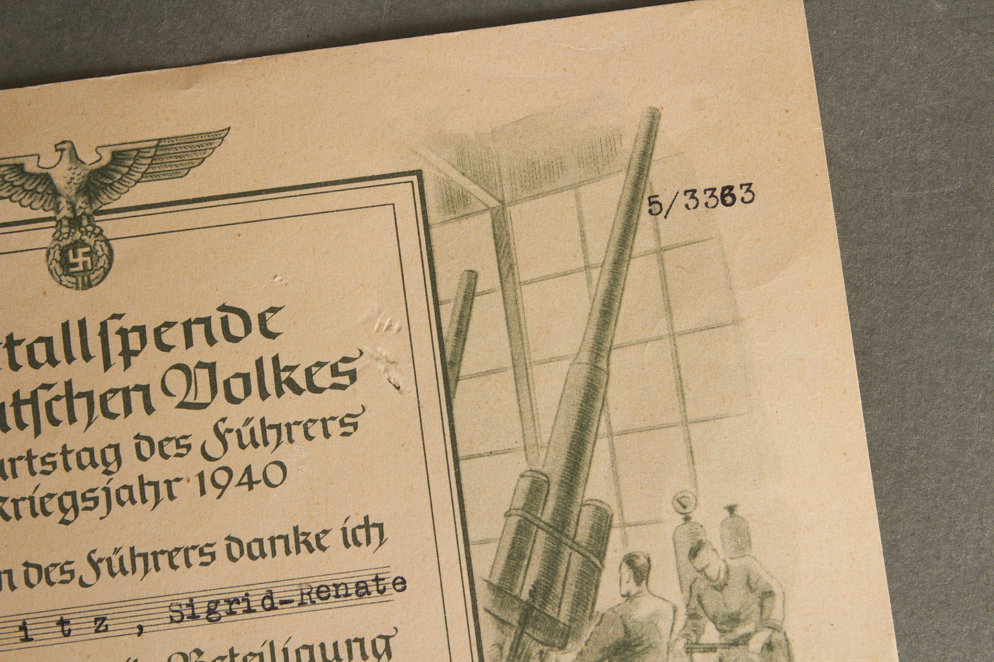 WW2 Tysk "Metallspende" Urkunde (doneret stål til krigsindustrien på AH Fødselsdag). Original.