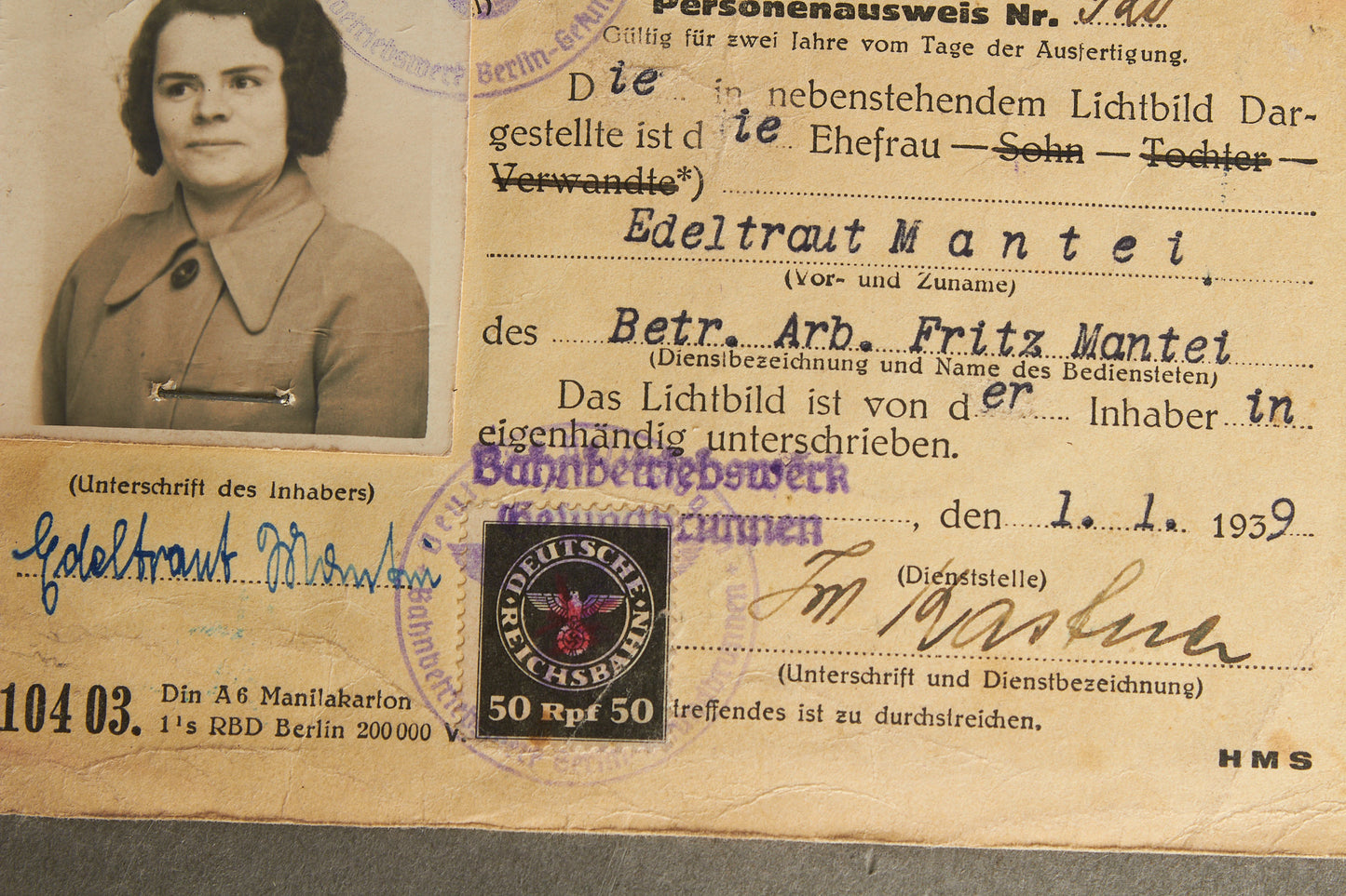 WW2 Tysk Deutsche Reichsbahn Personenausweis. Original.