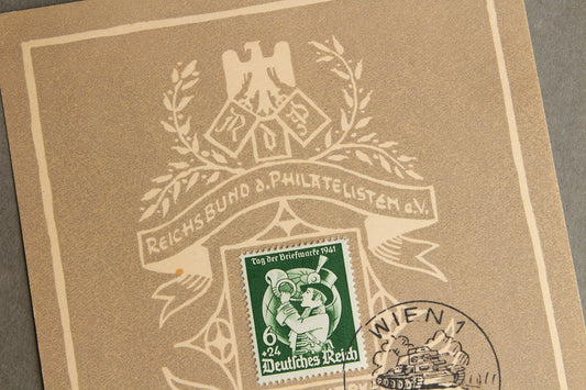 WW2 Tysk "RdP" (Reichsbund der Philatelisten) Frimærke på samler-ark. Med Panzer stempel. Sjælden. Original.