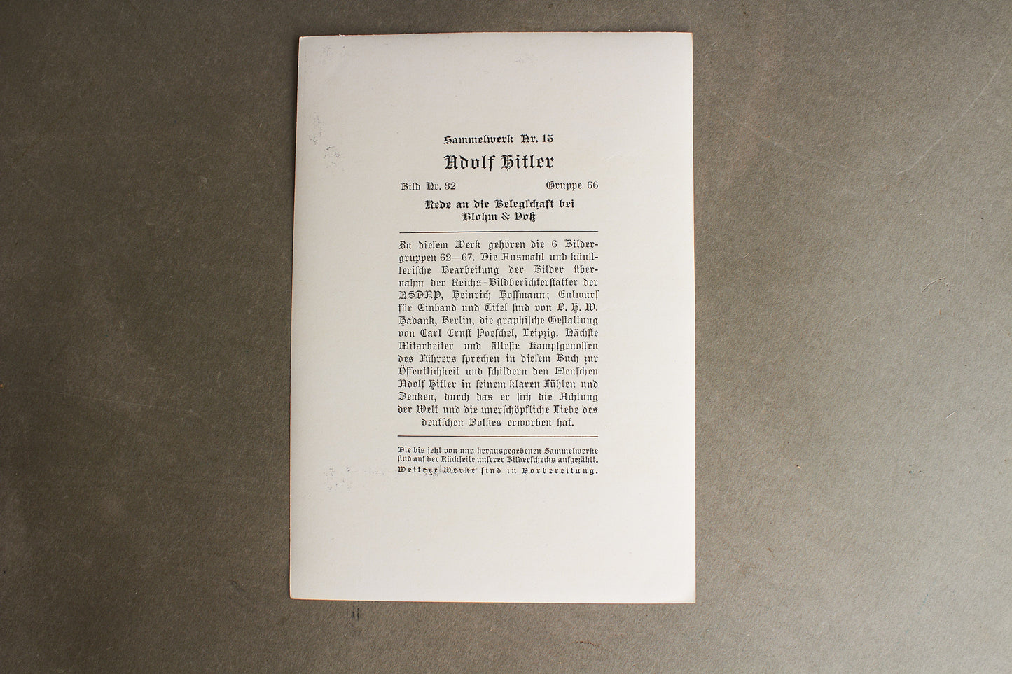 WW2 Tysk "Cigaretten Album" Billede. 12x17 cm. Godt motiv med AH. Original.