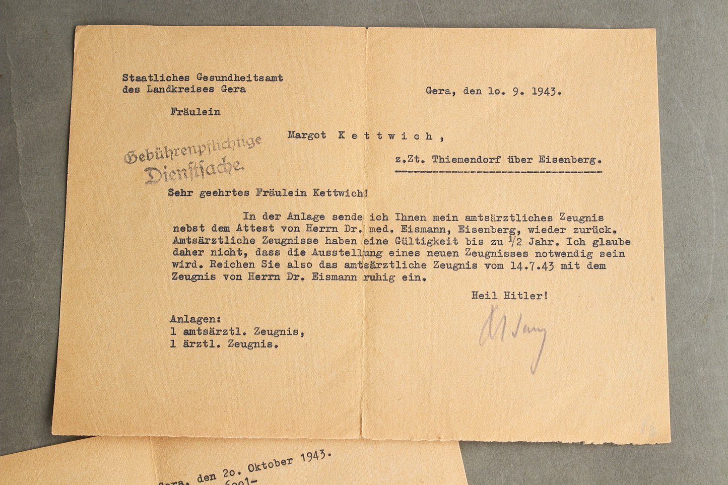 WW2 Tyske papirer fra samme person. Én med HH-hilsen. Original.