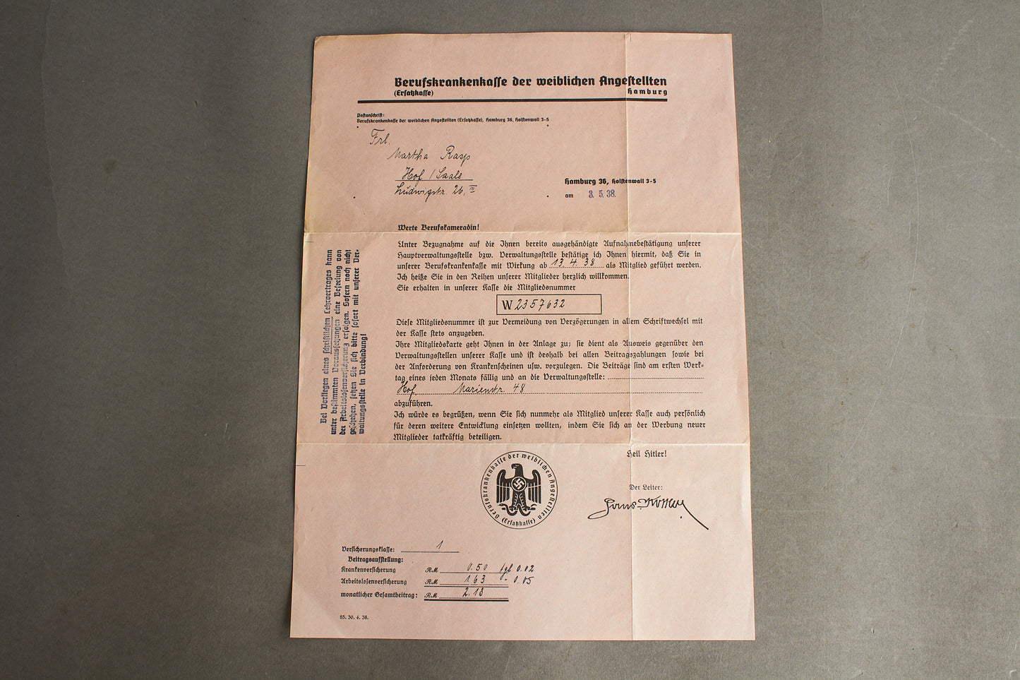 WW2 Tysk Dokument fra Sygesikrings Kasse i Hamborg. Meget illustrativ. Original.