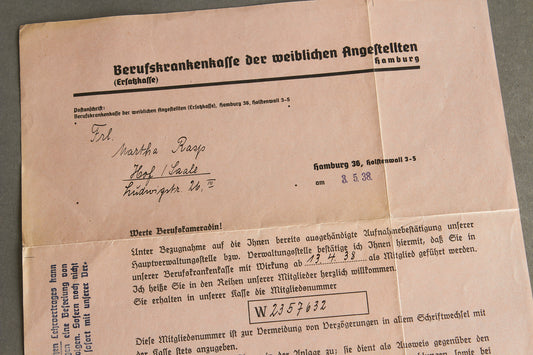 WW2 Tysk Dokument fra Sygesikrings Kasse i Hamborg. Meget illustrativ. Original.