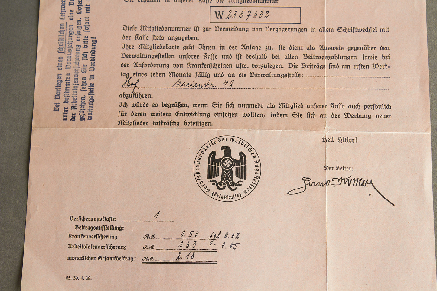 WW2 Tysk Dokument fra Sygesikrings Kasse i Hamborg. Meget illustrativ. Original.