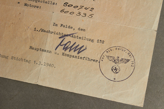 WW2 Tysk "Kraftfahrzeugschein" til BMW Motorcykel. Fra Inf.-Div.-Nach.-Abt. 152. Original.