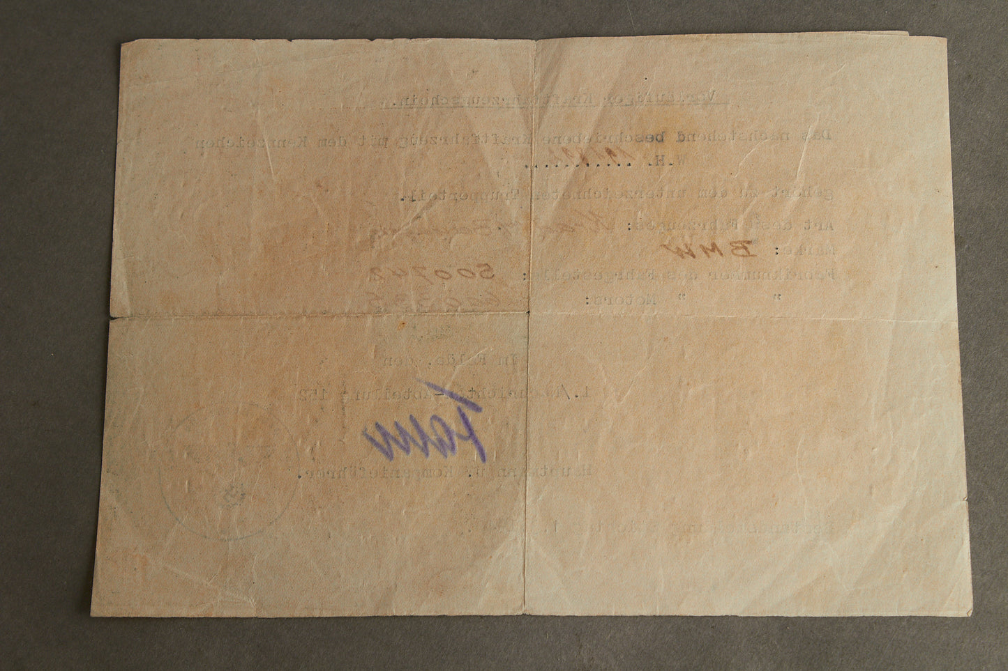 WW2 Tysk "Kraftfahrzeugschein" til BMW Motorcykel. Fra Inf.-Div.-Nach.-Abt. 152. Original.