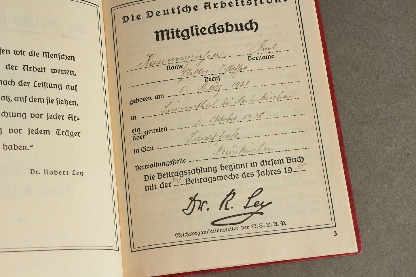 WW2 Tysk DAF Medlemsbog. Original.