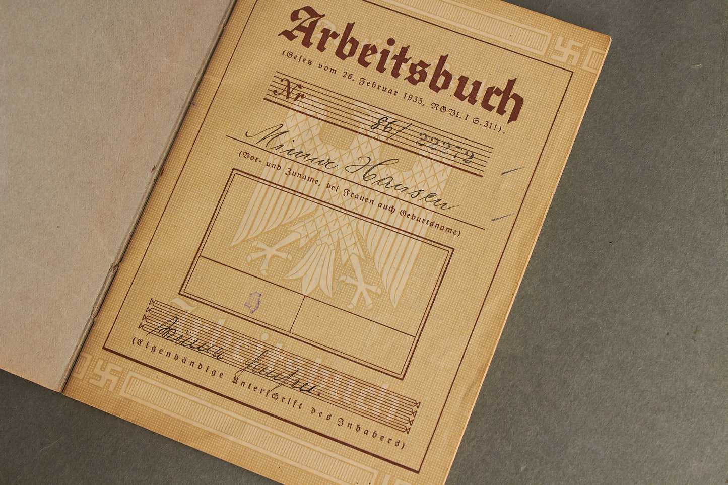 WW2 Tysk Arbeitsbuch fra Flensburg. Efternavn "Hansen". Original.
