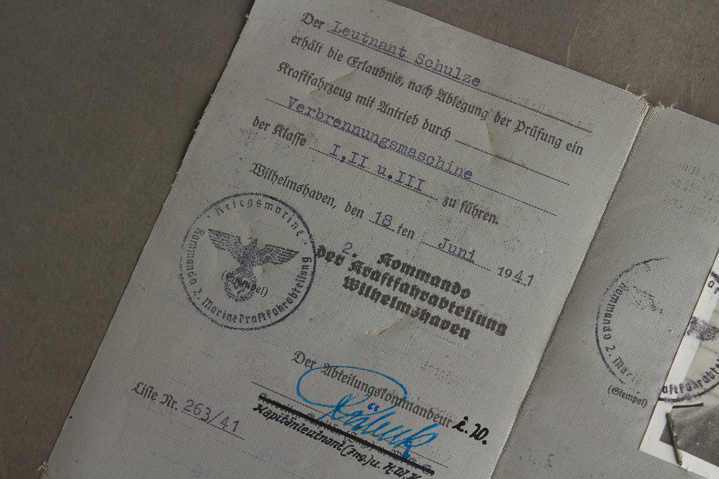 WW2 Tysk Kriegsmarine der Nordsee "Führer- & Fahrlehrerschein". Sjælden. Original.