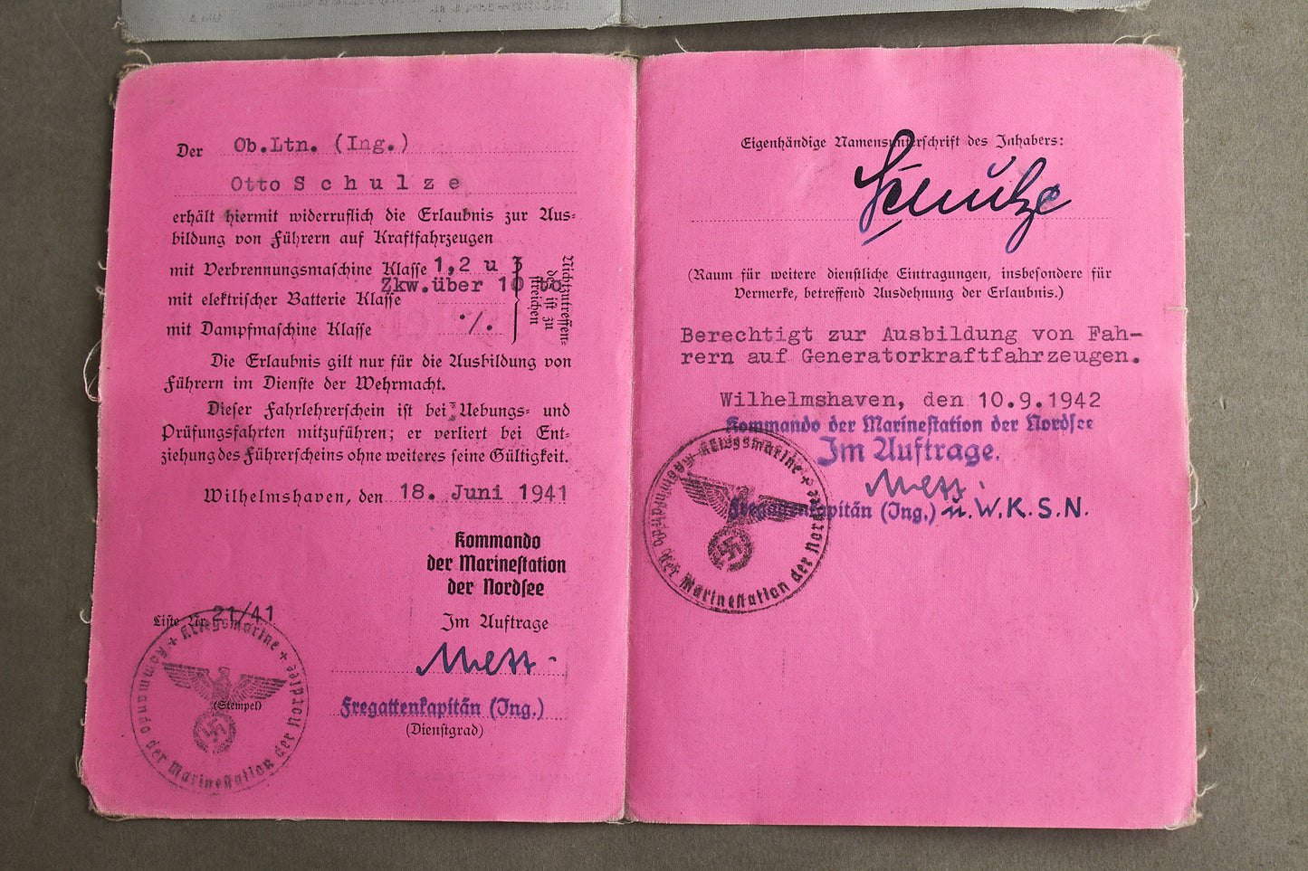 WW2 Tysk Kriegsmarine der Nordsee "Führer- & Fahrlehrerschein". Sjælden. Original.
