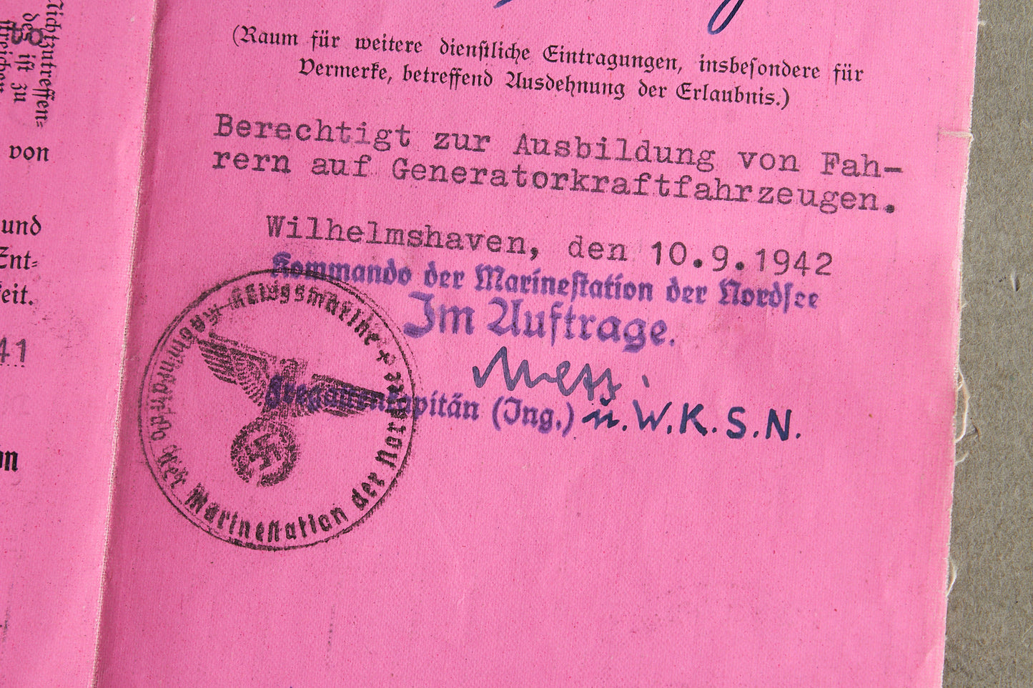 WW2 Tysk Kriegsmarine der Nordsee "Führer- & Fahrlehrerschein". Sjælden. Original.