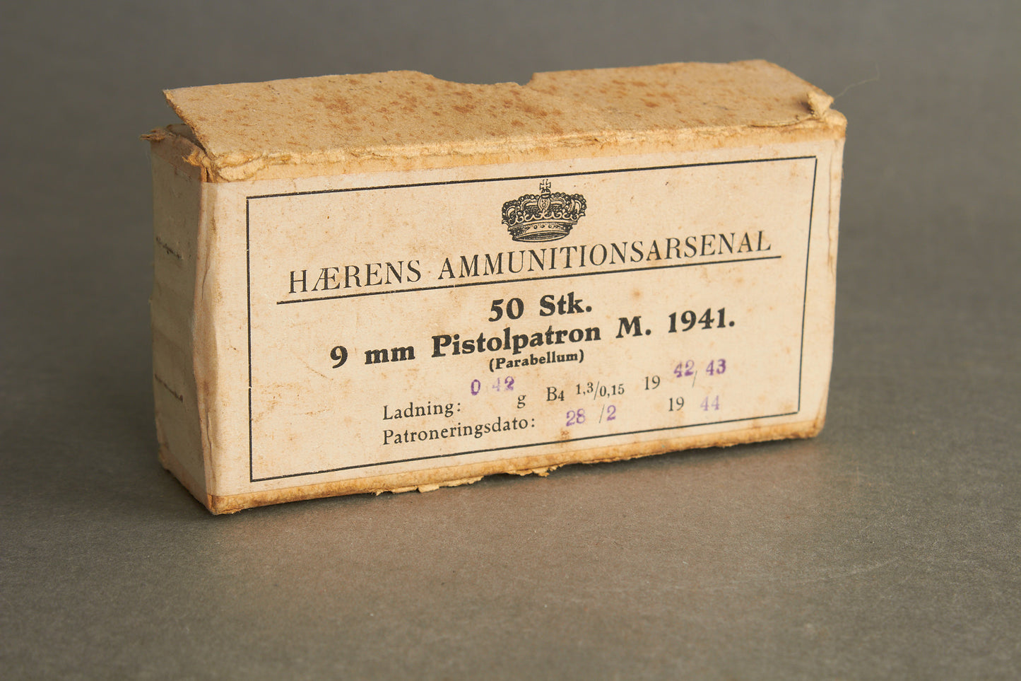 WW2 Dansk "9mm Parabellum" Patronæske. Fra 1944, typisk produceret til tyskerne. Original.
