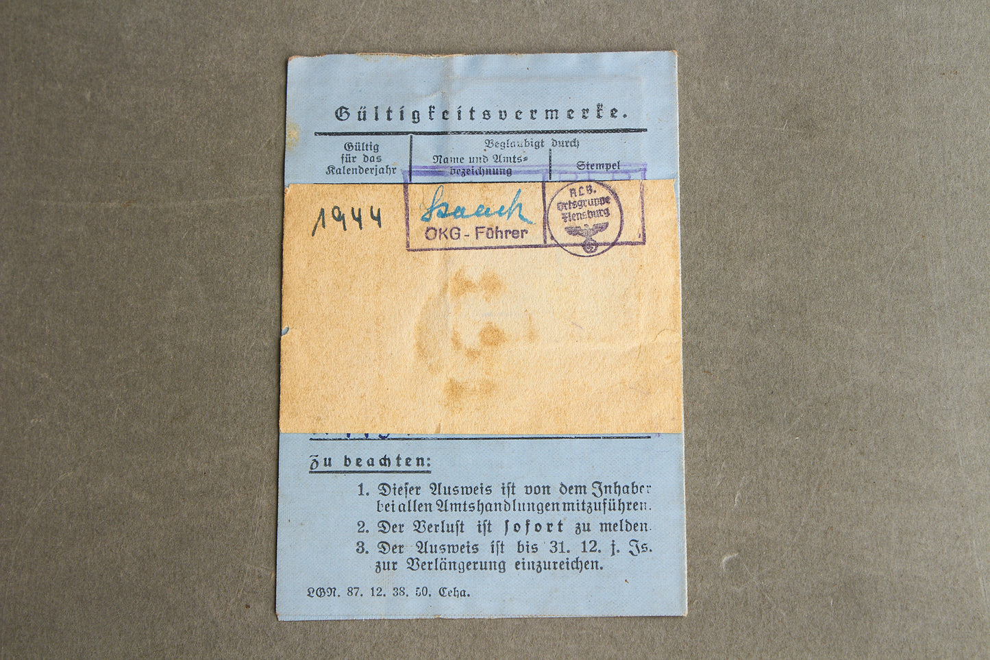 WW2 Tysk Reichs Luftschutzbund "Ausweis" fra Flensborg. Original.