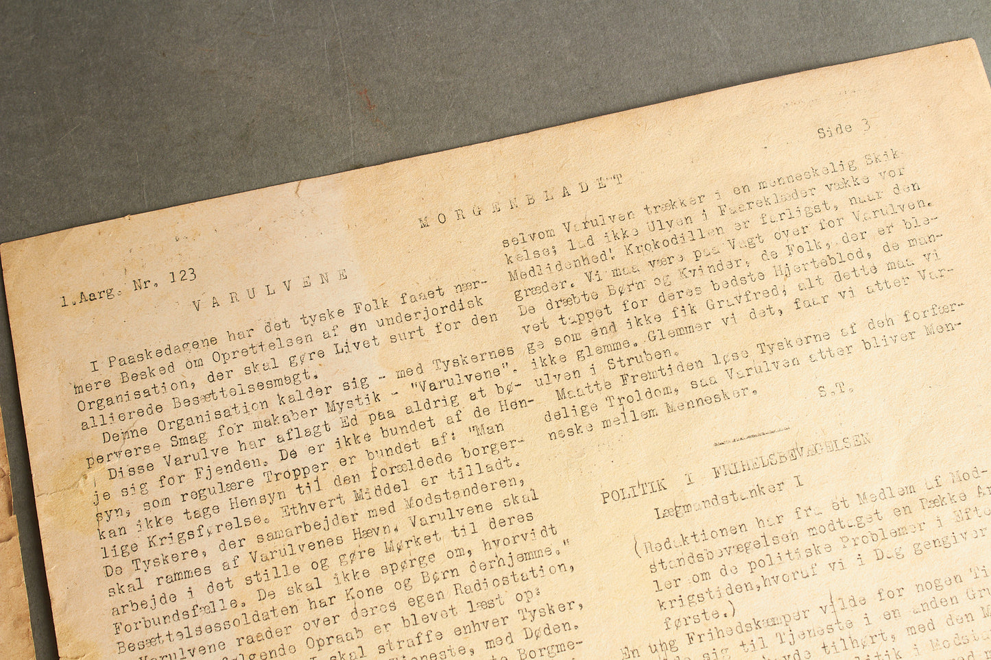 WW2 Dansk Modstandsbevægelsen Illegalt "Morgenbladet". Original.