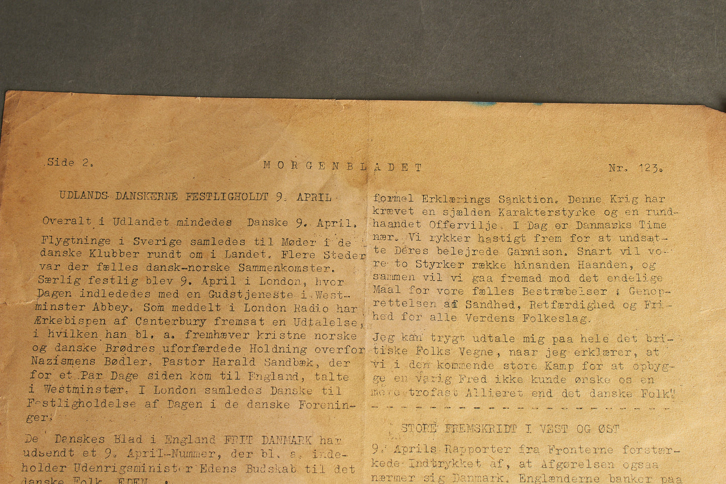 WW2 Dansk Modstandsbevægelsen Illegalt "Morgenbladet". Original.