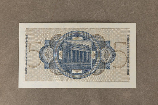 WW2 Tysk "5 Reichsmark" pengeseddel. Med ørn og hagekors. Original.