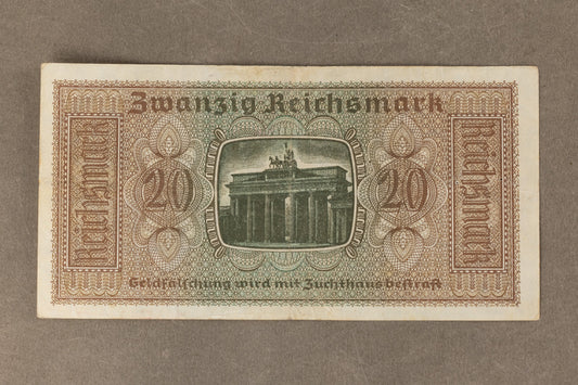 WW2 Tysk "20 Reichsmark" pengeseddel. Med ørn og hagekors. Original.