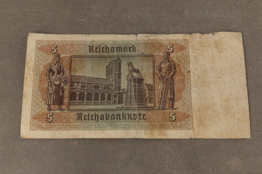 WW2 Tysk Pengeseddel "5 Reichsmark". Med ørn. Original.