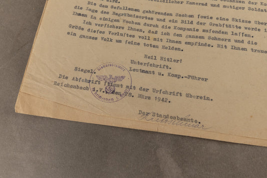 WW2 Tysk kondolencebrev til familien. Deres søn er faldet i Rusland. Original.