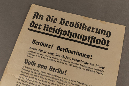 WW2 Tysk NSDAP Løbeseddel om sejrsmarch i Berlin efter indtagelsen af Frankrig. Original.