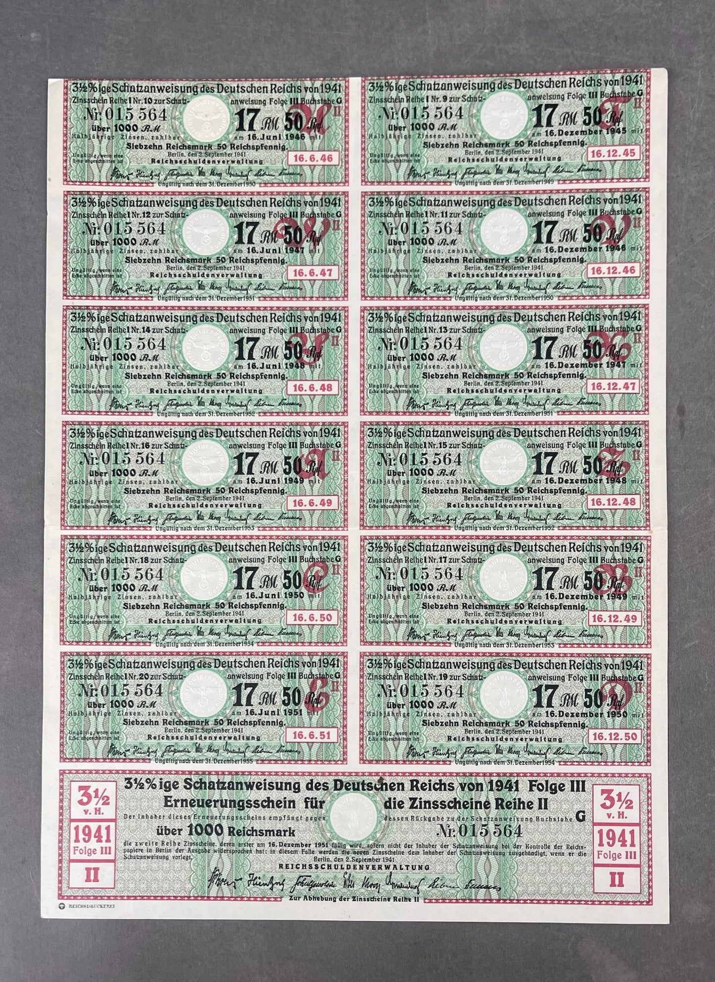 WW2 Tysk Ark med ubrugte statsobligationer "Schatzanweisung". Sjælden. Original.